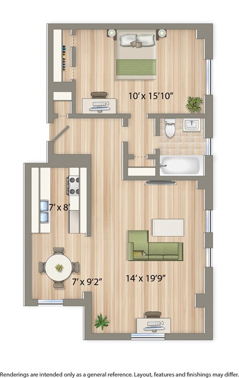 Floor plan for 1 bed, 1 bath, 718 sqft